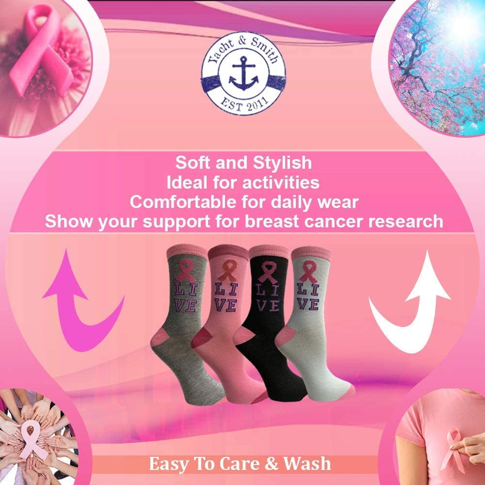 Yacht & Smith Pink Ribbon Breast Cancer Awareness Ankle/Crew Socks for Women (Assorted Crew, 12)