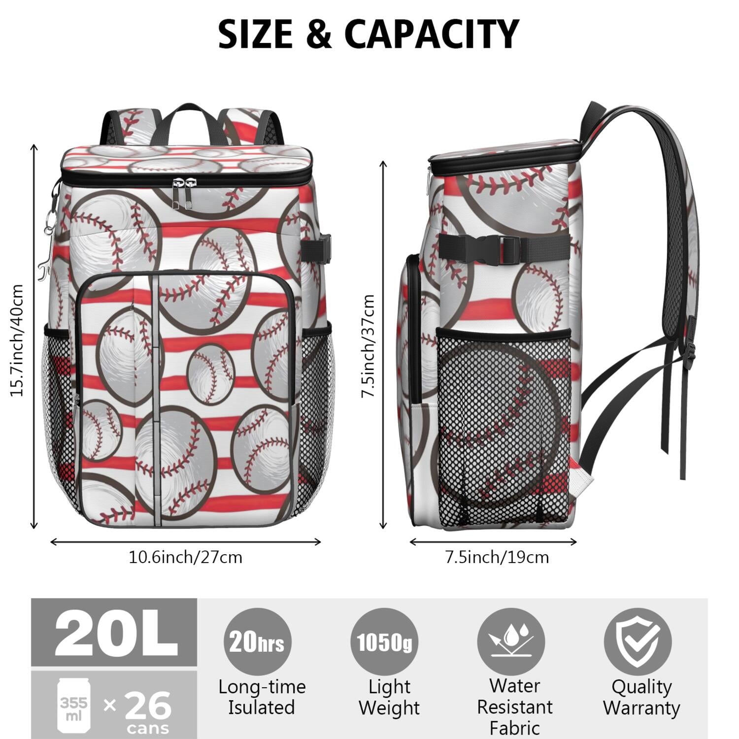 Travel Cooler Bag - Red and White Striped Baseballs Pattern Camping Beer Cooler Backpack with Bottle Opener- Waterproof Insulated Picnic Backpacks - Cooler Bag for Beach