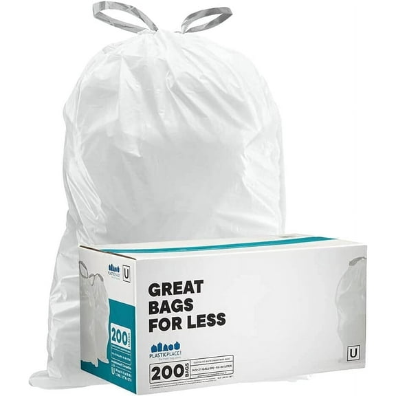 Plasticplace Custom Fit Trash Bags, Compatible with simplehuman Code U (200 Count) White Drawstring Garbage Liners 14.5-21 Gallon/ 55-80 Liter 26.5" x 32"