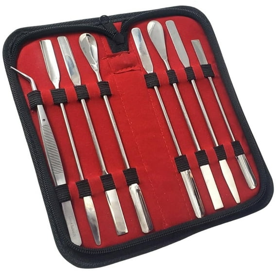 All-in-One 9 Pcs Kit Lab Spatulas Multipurpose Double Ended Shapes Spoon, Scoop, Square, Round End For Transferring & Mixing   Serrated Angled Tweezers