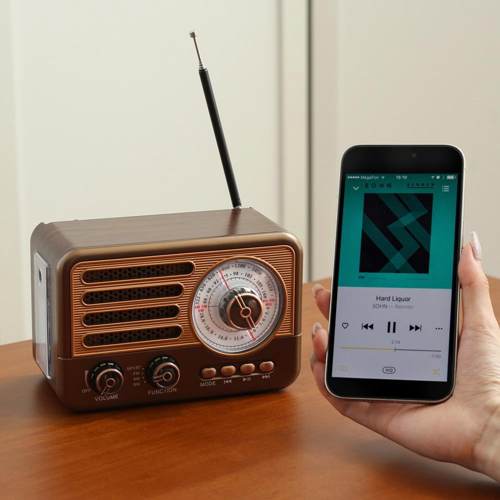Retro Transistor Radio, Small Rechargeable Portable Radio, Personal Radio AM FM SW with 1800mAh Lithium-ion Battery, Support TF Card/Aux/USB MP3 Player Perfect for Indoor, Outdoor Use - Bronze