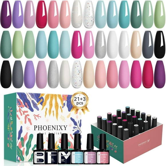 AIR-Phoenixy Gel Nail Polish Kit, 21 Colors Soak Off Gel Nail Kit with Glossy & Matte Top Coat Base Coat Starter Kit Pink Red Blue Green Glitter Shellac Nail Polish Set Art Home Manicure Gifts for Wo