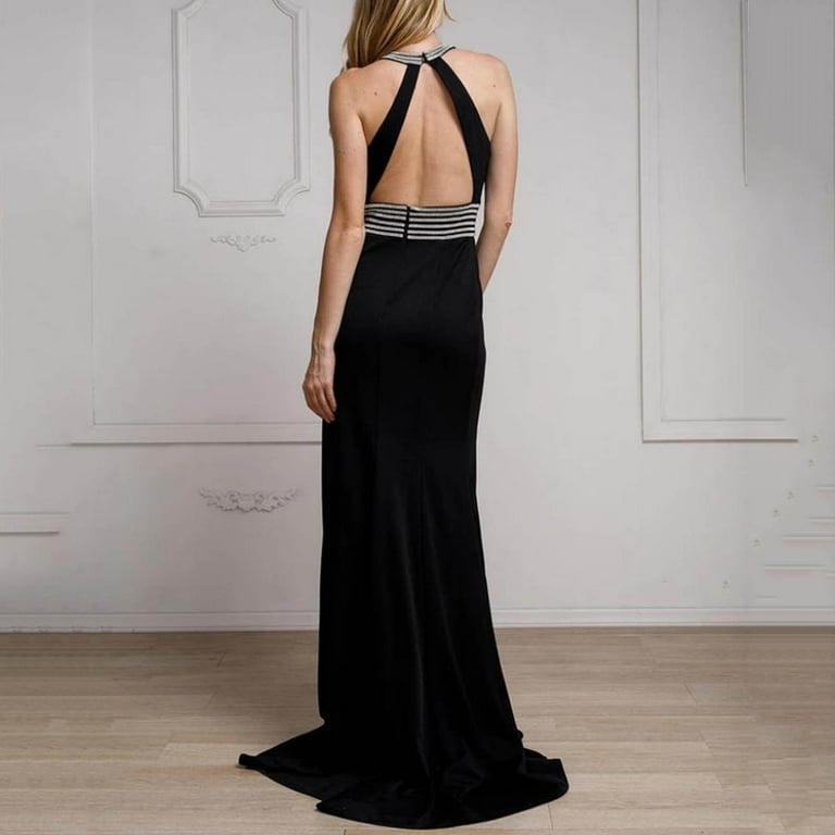 Jggspwm Women's Midi Dresses Color Block Regular Fit Formal Wedding Guest Dress Sleeveless Halter Neck Evenning Dress Side Split Prom Party Dress