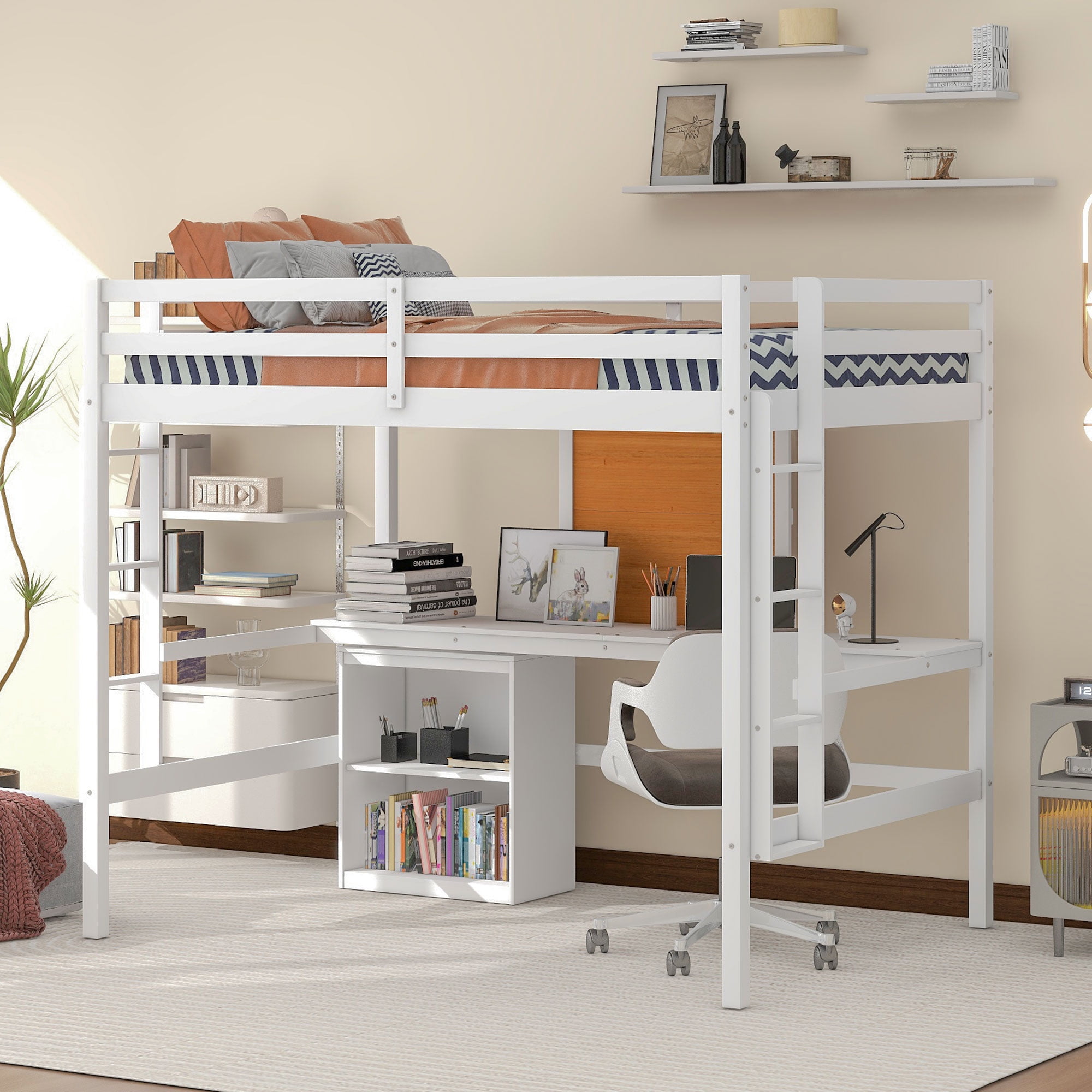 Bellemave Full Size Loft Bed with Desk and Writing Board,Solid Wood