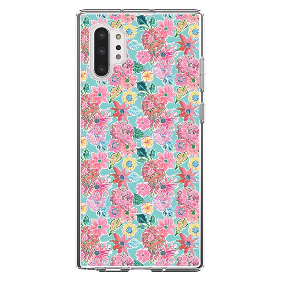DistinctInk Clear Shockproof Hybrid Case for Galaxy Note 10 PLUS (6.8" Screen) - TPU Bumper, Acrylic Back, Tempered Glass Screen Protector - Preppy Pattern - Pink Flowers on Teal Background