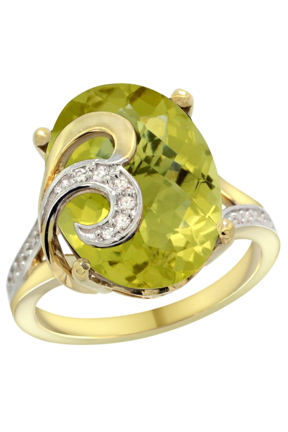 14k Yellow Gold Natural Lemon Quartz Ring 16x12 mm Oval Shape Diamond Accent, 5/8 inch wide, size 6