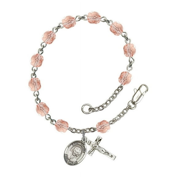 St. Gianna Beretta Molla Silver Plate Rosary Bracelet 6mm October Pink Fire Polished Beads Crucifix Size 5/8 x 1/4 medal