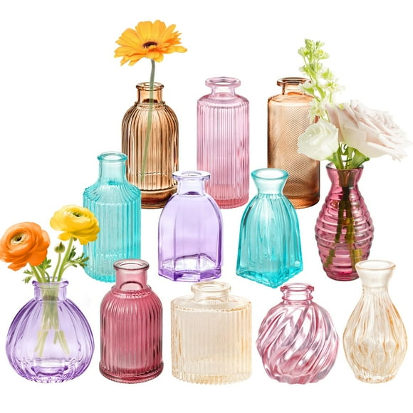 Bud Vases PHUNTTEK, vidrio de colores mezclados, vintage, 12 unidades