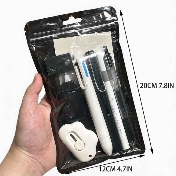 7-Piece Black White School Supplies, Sleek Modern Stationary Set in Resealable Pouch, School Supplies for Kids Teens Homework Office Use