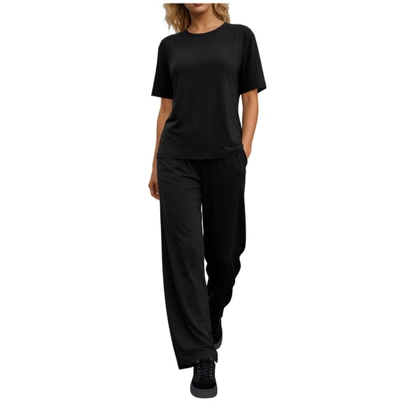 Hurxie 2 Piece Sets for Women Casual Summer Travel Vacation Outfits Cap Sleeve Lounge Set Black,S