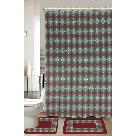 Amy Burgundy & Sage 15-Piece Bathroom Accessory Set 2 Bath Mats Shower Curtain &