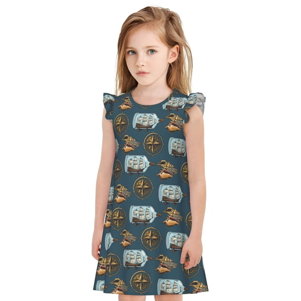 Fotbe Miniature Ship In Bottle Vestido de Dormir para Niñas de 3 a 10 Años, Mangas Cortas, Estilo Princesa, Pijama Camisón con Mangas Voladas-Large