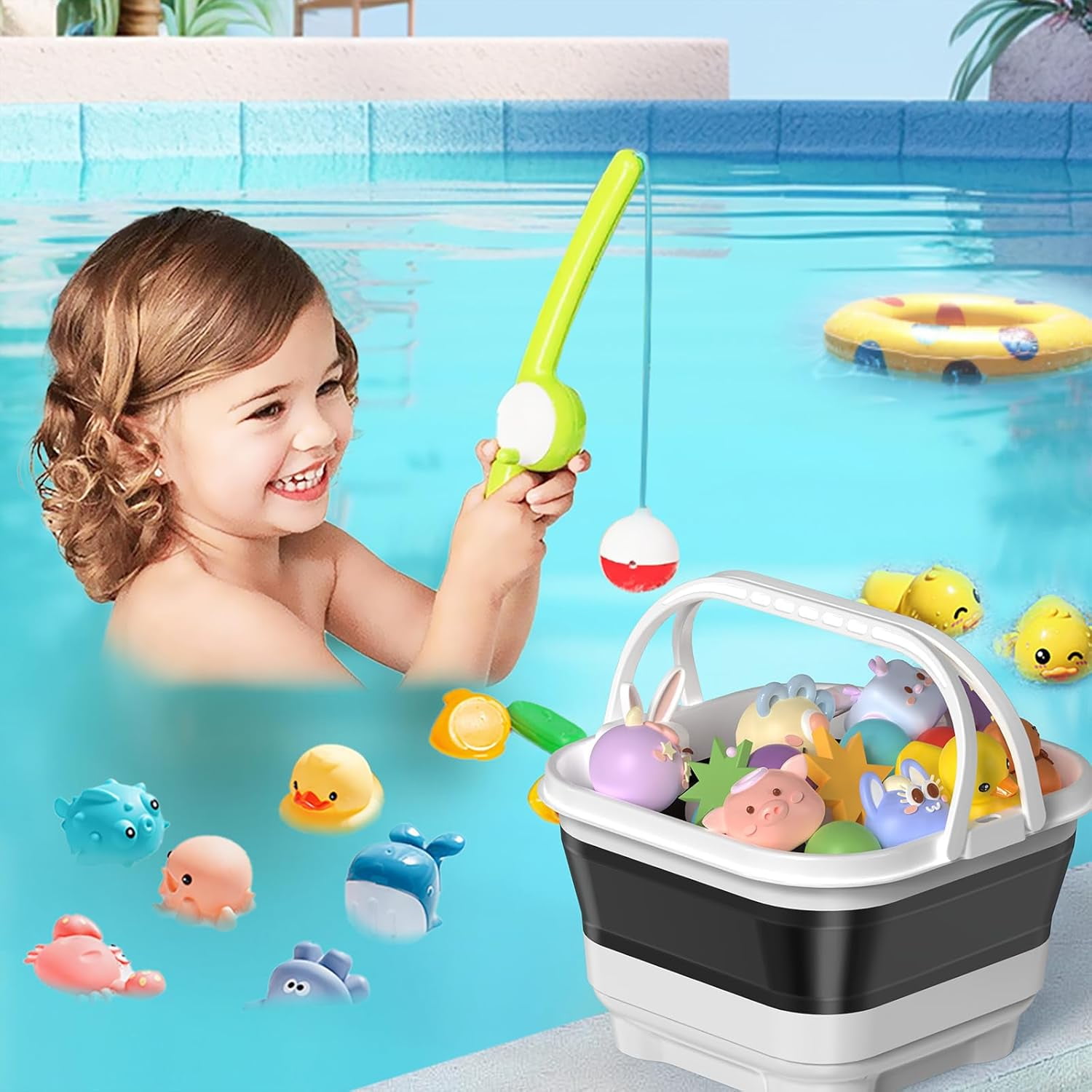 LC-dolida Bath Toy Storage Organizer, Foldable Bathtub Toy Holder Storage with Removable Base for Draining Drying, Bathroom Shower Toy Holder Baby Bath Toy Basket for Easy Storage (Black)