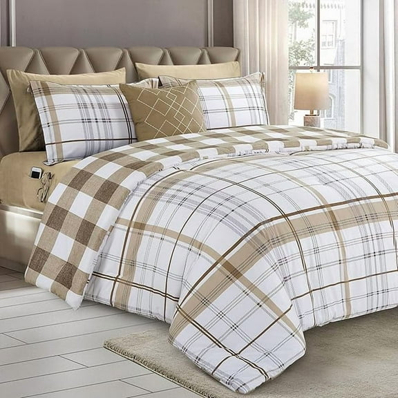 Elegant Comfort 8-Piece Lodge Plaid Reversible Comforter Set - All Season Bed in a Bag, 4-Piece Sheet Set Featuring Smart Pockets, Matching Shams and Decorative Pillow, Full/Queen, Taupe