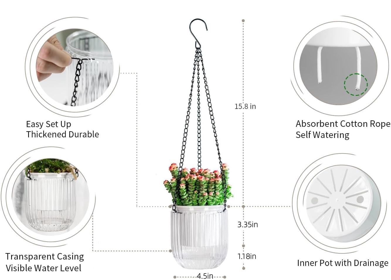 3 Pack Self Watering Hanging Planters, Indoor Small Flower Pots, 4.5In Hanging Basket with Drainage Holes, Plant Hanger with 3 Hooks for Outdoor Garden Home , Clear