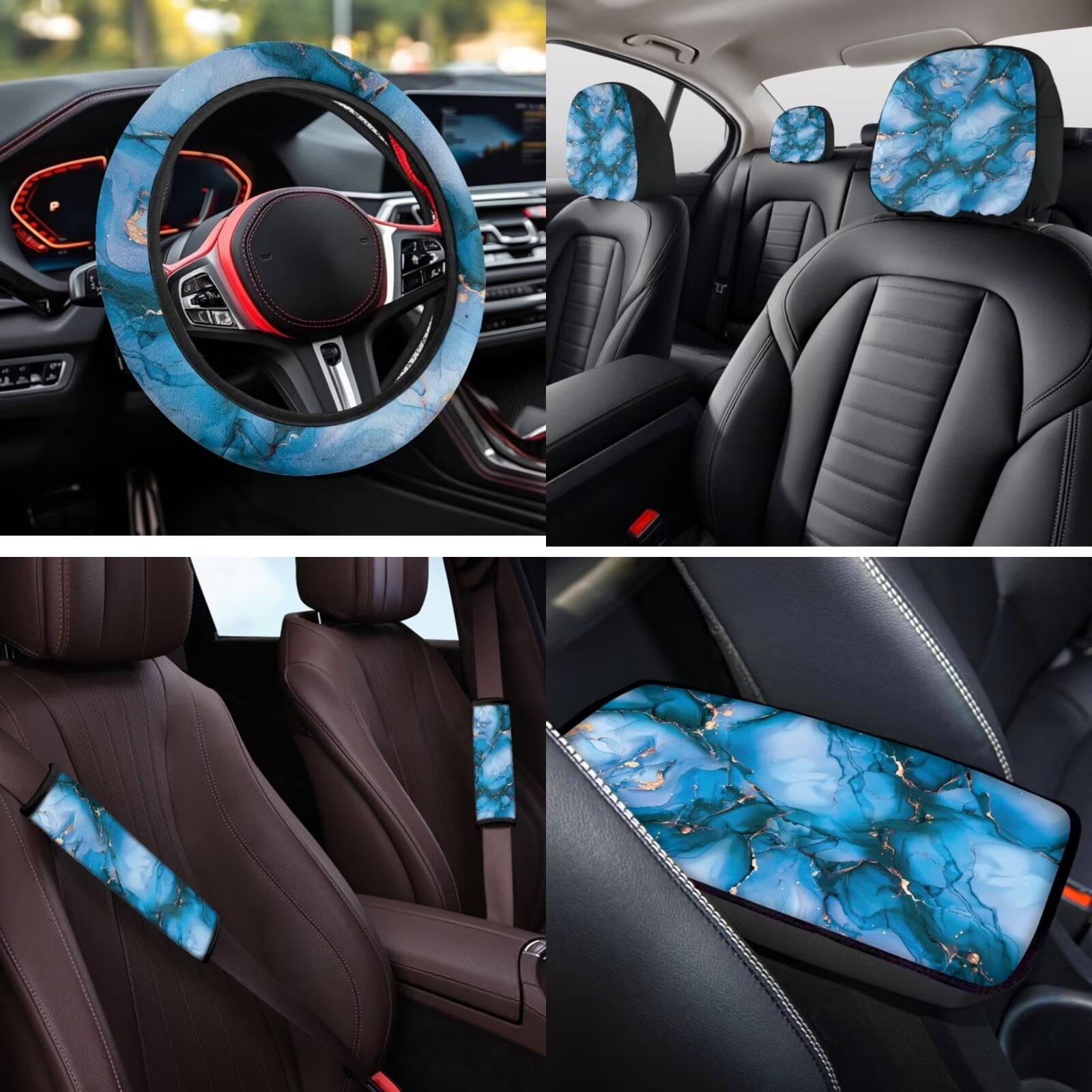 HUIACONG Blue Marble Print Car Seat Covers Full Set Front and Back with Steering Wheel Cover Seatbelt Covers Coasters Arm Rest Cover Headrest Cover Keychain 14 Pcs