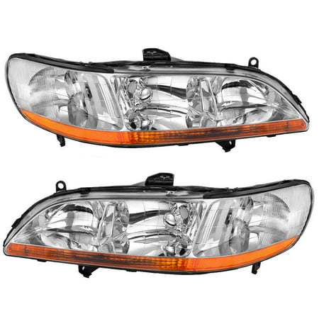 Headlight Assembly for 1998 1999 2000 2001 2002 Honda Accord Headlamp Replacement, Chrome Housing Amber Reflector, One-Year Warranty(Passenger And Driver