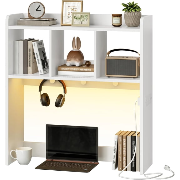 Desktop Bookshelf, Office Desktop Shelf, Desk Hutch with Outlets, Wooden Office Desktop Bookcase, Desktop Organizer Shelf with LED Light Strip and 3 Hooks, for Home, Study, White WT12UDSJ01