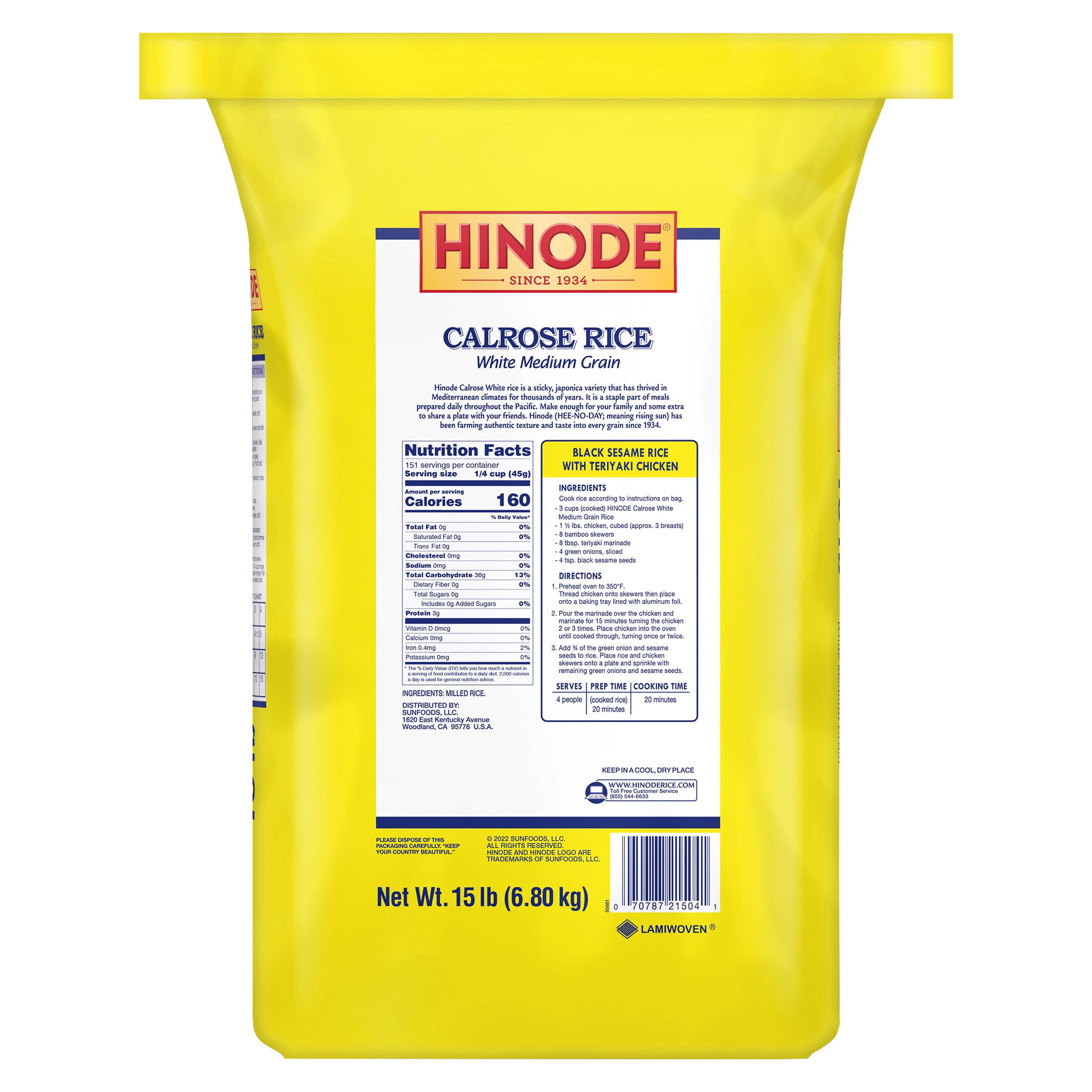 Hinode Calrose White Medium Grain Rice, 15 lb Bag – Gluten-Free Bulk Pantry Staple