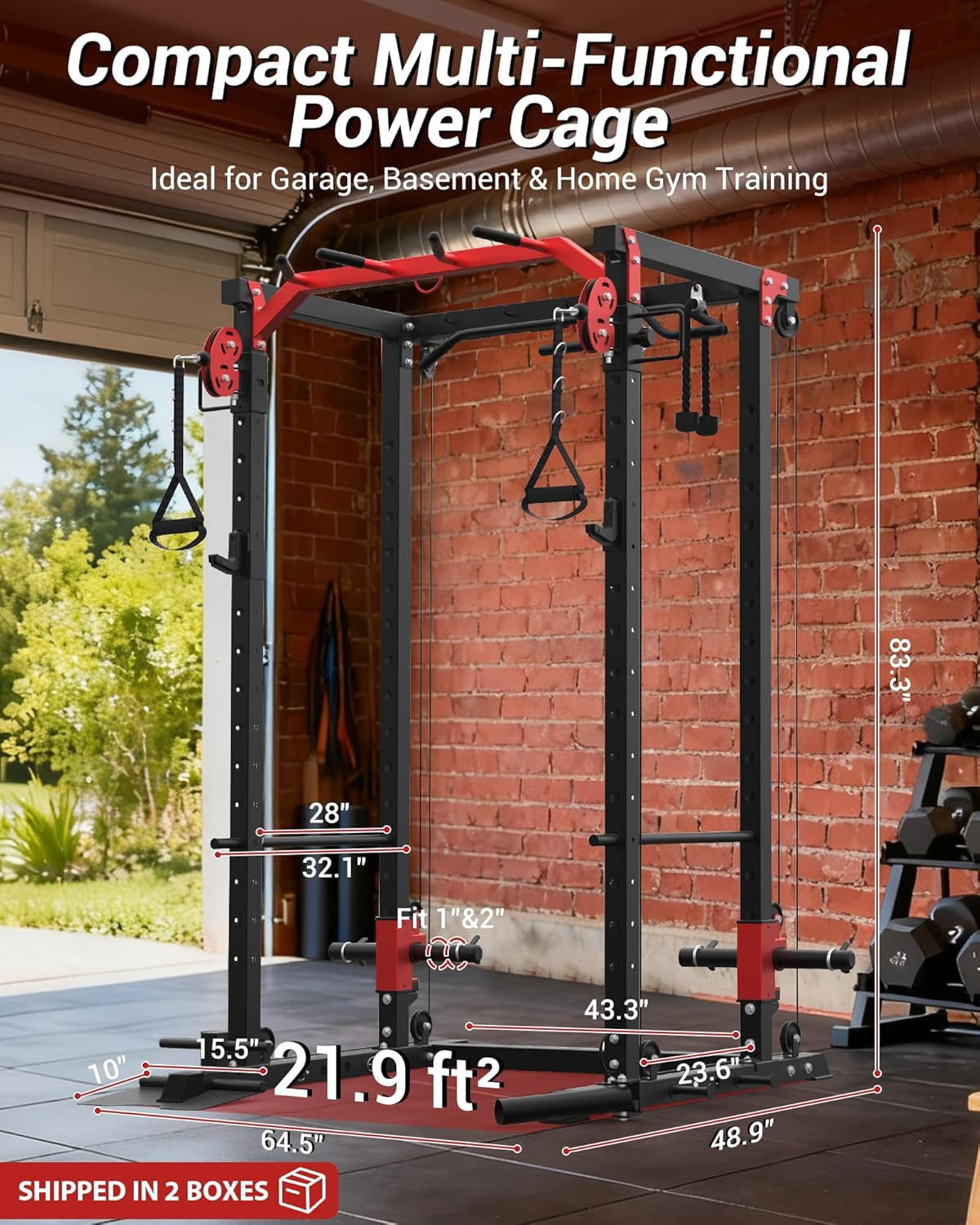 JoanKaren Power Rack Cage,2000lbs Capacity Weight Rack with Adjustable Cable Crossover Machine,Multi-Function Squat Rack with J Hooks,Dip Bars and Landmine,Balck&Red