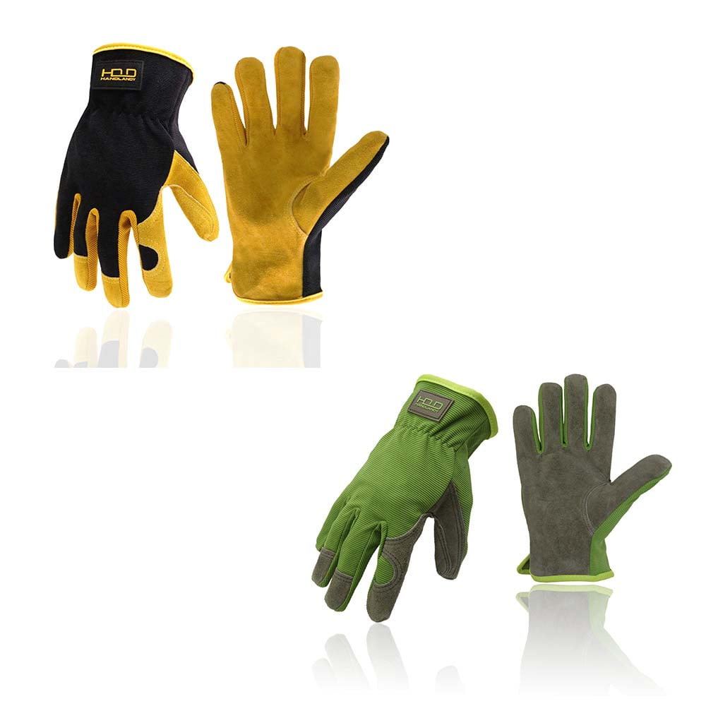 HANDLANDY 2 Pairs Men Leather Gardening Gloves, Utility Work Gloves for Mechanics, Construction