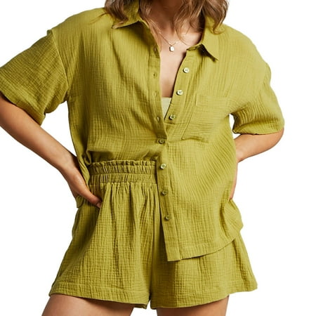 

Women’s 2 Piece Casual Tracksuit Outfit Sets Long Sleeve Shirt And Loose High Waisted Mini Shorts Set S，G132230