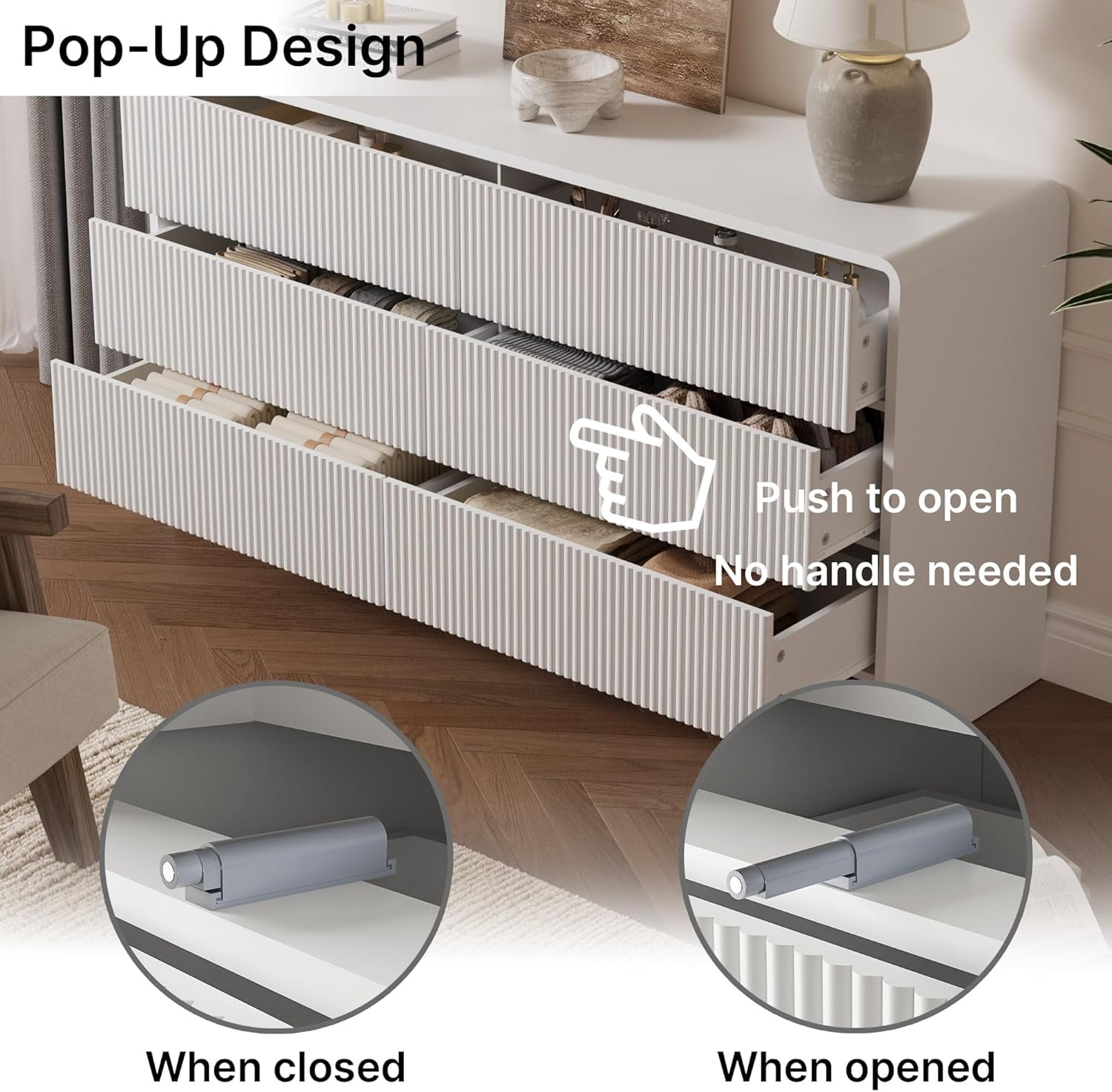 FURNIWAY White Curved 6 Drawer Dresser Push to Open Modern Curved Storage for Bedroom Living Room Closet