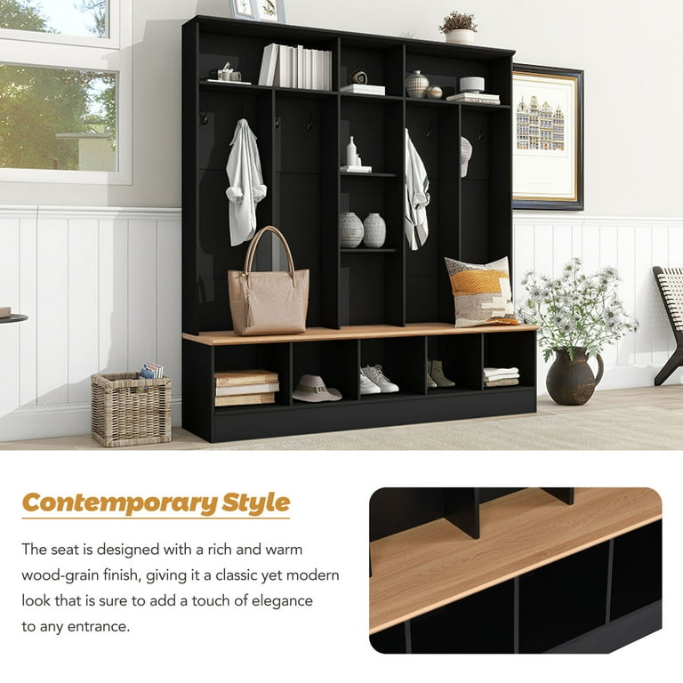 Wide Hall Tree Entryway Organizer Hanging Seat with Storage Bench 8 Hooks 4 in 1 Design for Hallways Mudroom Black Walmart