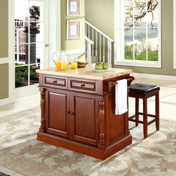 Oxford Butcher Block Top Kitchen Island In Cherry Finish With 24" Cherry Upholstered Square Seat