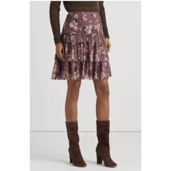 LAUREN RALPH LAUREN Womens Purple Zippered Ruffled Tiered Skirt Lined Floral Short A-Line Skirt 8
