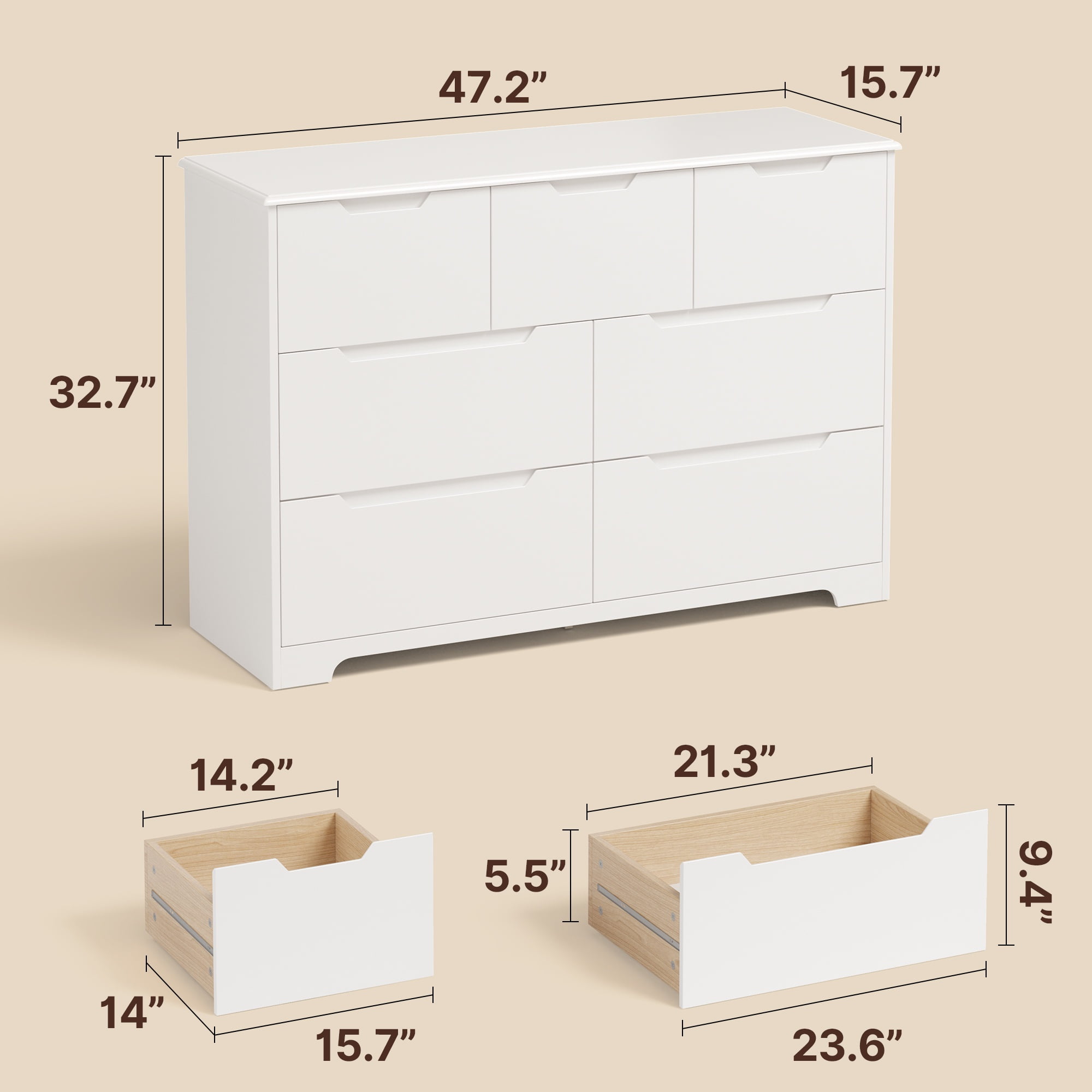 Aiho 48" Wide Wooden 7 Drawer Dresser, Storage Organizer for Bedroom, Nursery, Entryway, Hallway, White