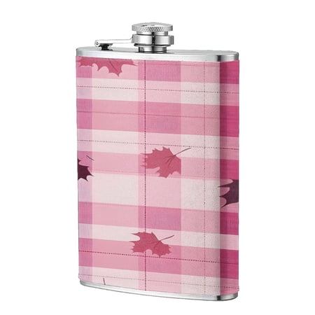 8 Oz Flagon Stainless Steel Leather Hip Flask Compact Pocket Size Leak Proof Seal For Camping Hiking Beach Party Gift For Men Plaid Fall Camo Pink_1