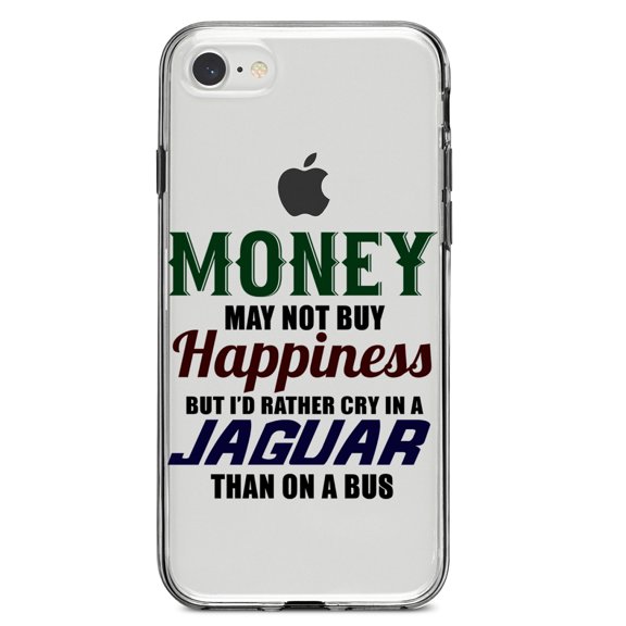 DistinctInk Clear Shockproof Hybrid Case for iPhone 7 8 SE (2020 Model) 4.7" Screen TPU Bumper Acrylic Back Tempered Glass Screen Protector - Money Can't Buy Happiness, Rather Cry in Jaguar