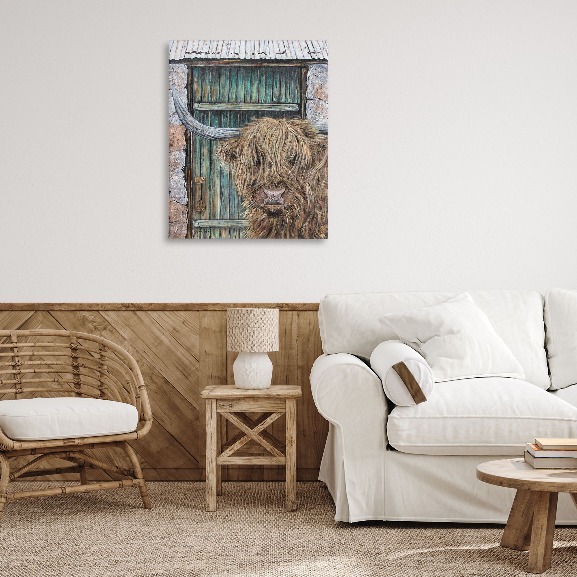 Highland Cow by Barn Door Canvas Wall Art, design by Jean Plout