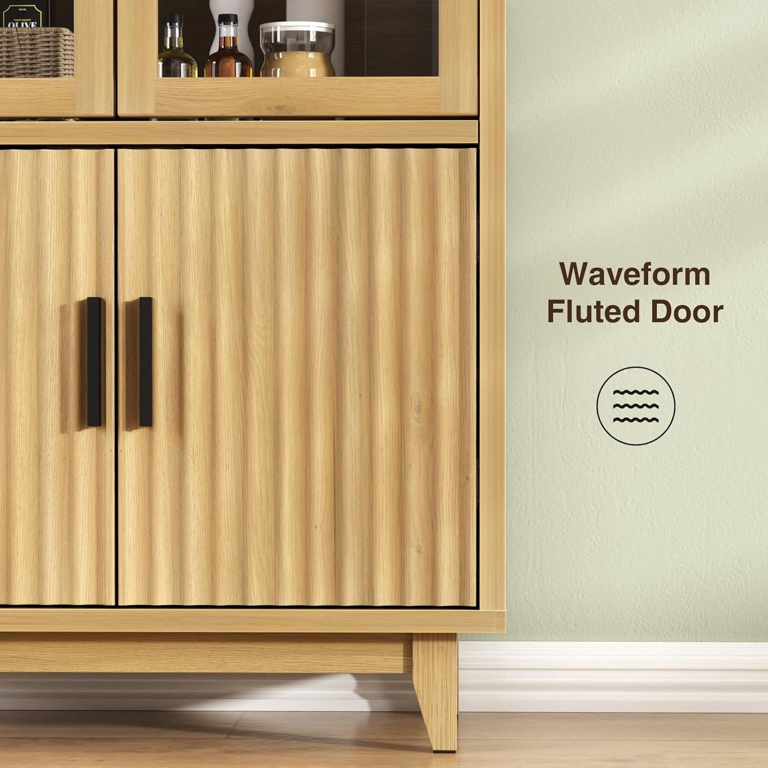 Vabches Arched Kitchen Pantry Storage Cabinet, 71" Tall Fluted Cabinet with 2 Glass Doors, 2 Doors for Kitchen, Living Room, Bedroom