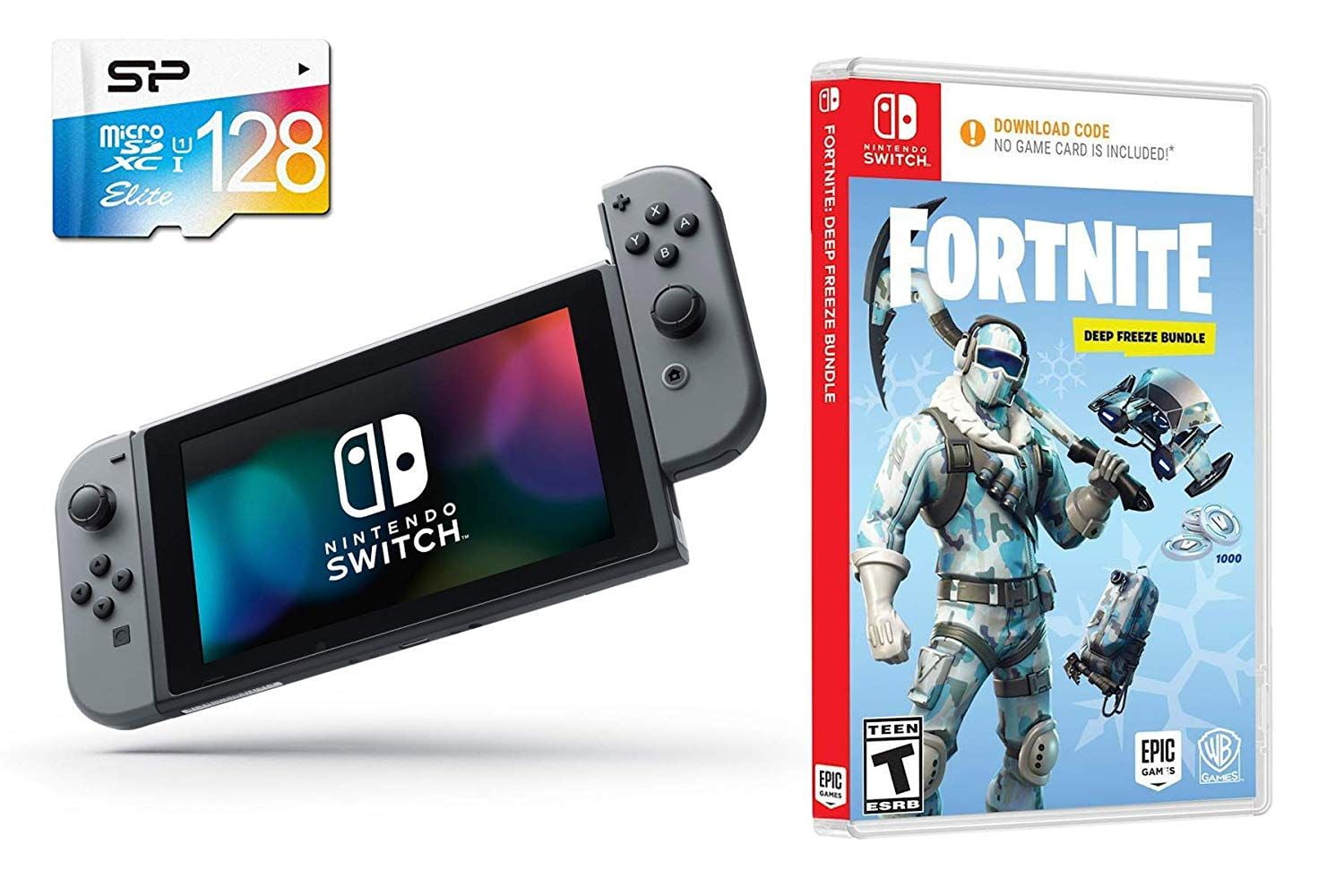 Nintendo Switch Battle Royale Fortnite Starter Bundle: 1000 V-Bucks, Deep Freeze Set, Frostbite Skin, Switch Gaming Console with Gray and Extra 128GB SD Card -
