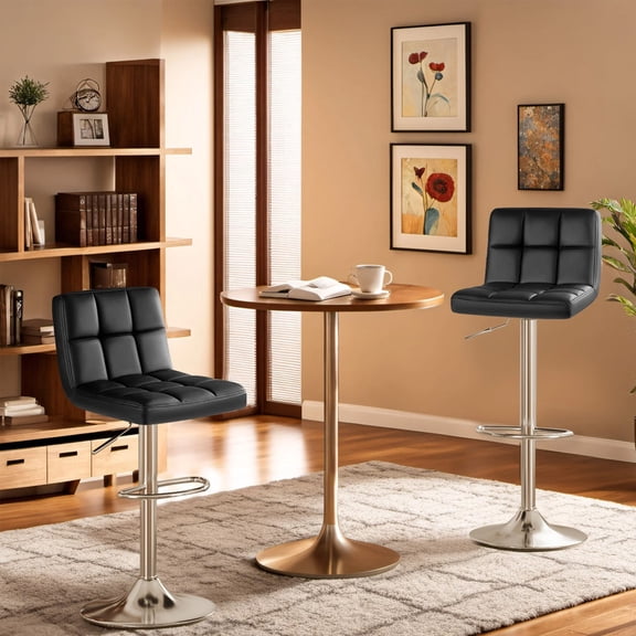 Homall Bar Stools Set of 2 Modern PU Leather Hydraulic Kitchen Counter Square Island Height Adjustable Swivel Barstool with Back, Black