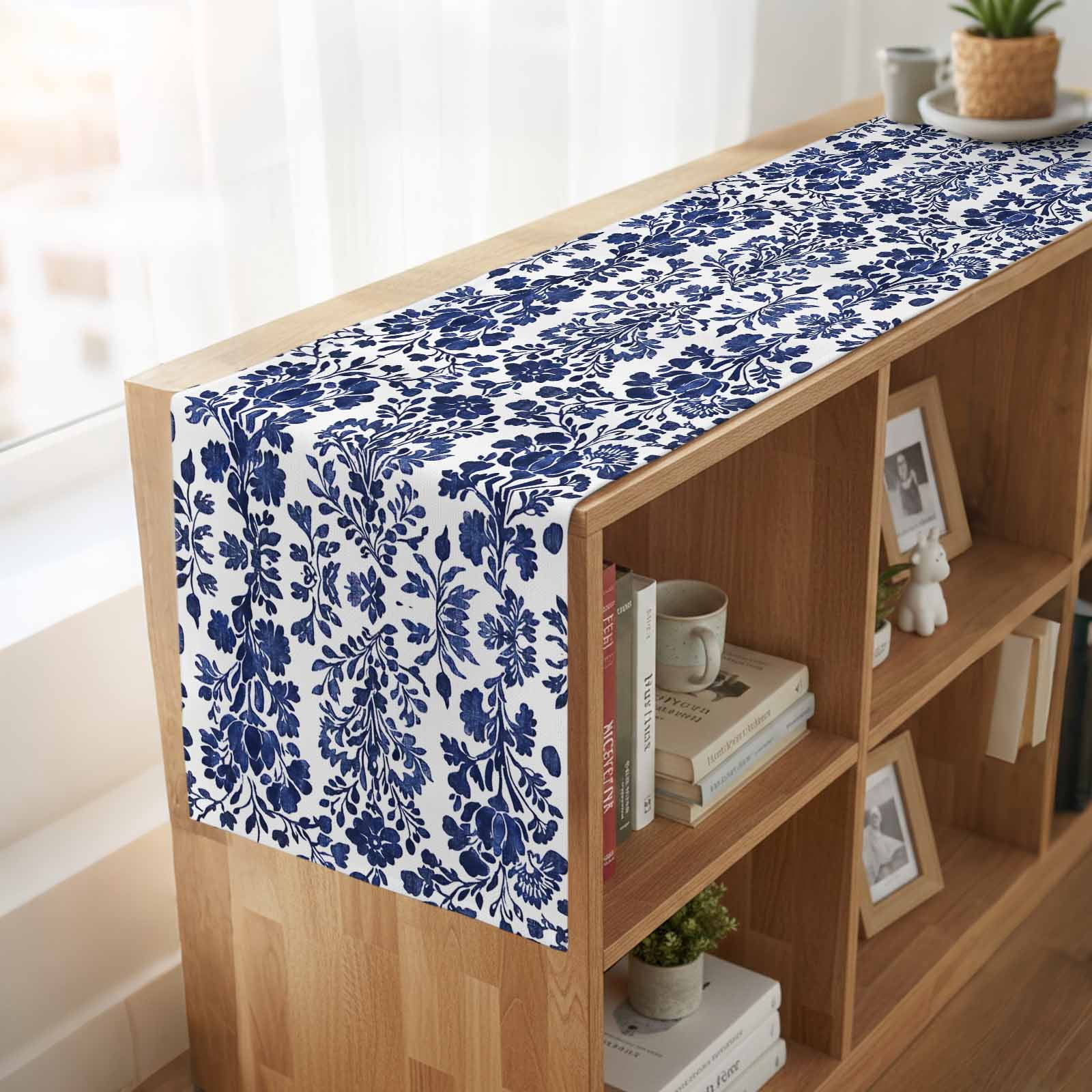 Blue Spring Floral 108 Inch Table Runner, Summer Botanical Farmhouse Farmhouse Dresser Scarf Cotton & Linen Tablerunner for Dining/Kitchen Island/Holiday Party Décor 13" x 108"