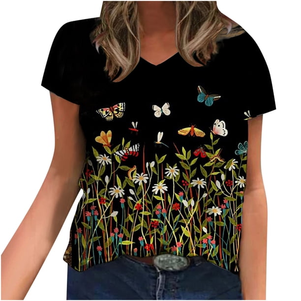 Blusa de camiseta informal con estampado de manga corta y cuello en V de verano para mujer a la moda Fridja bn7630