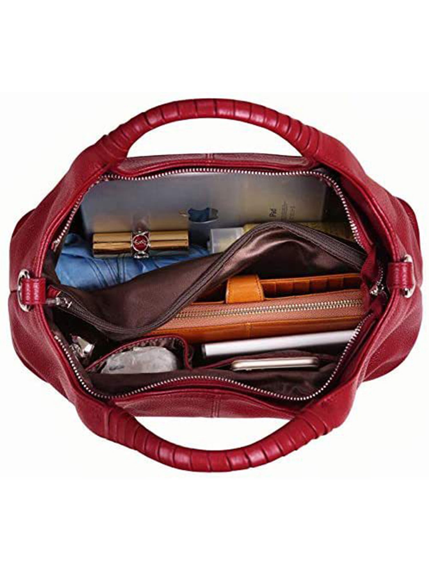 LUXUR Ladies Genuine Leather Top Handle Handbag Women Classic Satchel Crossbody Bags Purse Daily Portable Detachable Tote Red