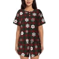 thumbnail image 1 of Xecao Plaid Snowflakes Festive Pattern Women's Short Sleeve Pajama Set Soft Sleepwear Lounge Set with Button Front Top and Drawstring Shorts with Pockets-Medium, 1 of 6