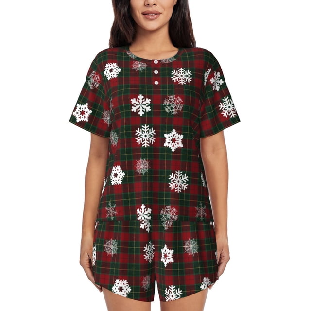 Xecao Plaid Snowflakes Festive Pattern Women's Short Sleeve Pajama Set Soft Sleepwear Lounge Set with Button Front Top and Drawstring Shorts with Pockets-Medium