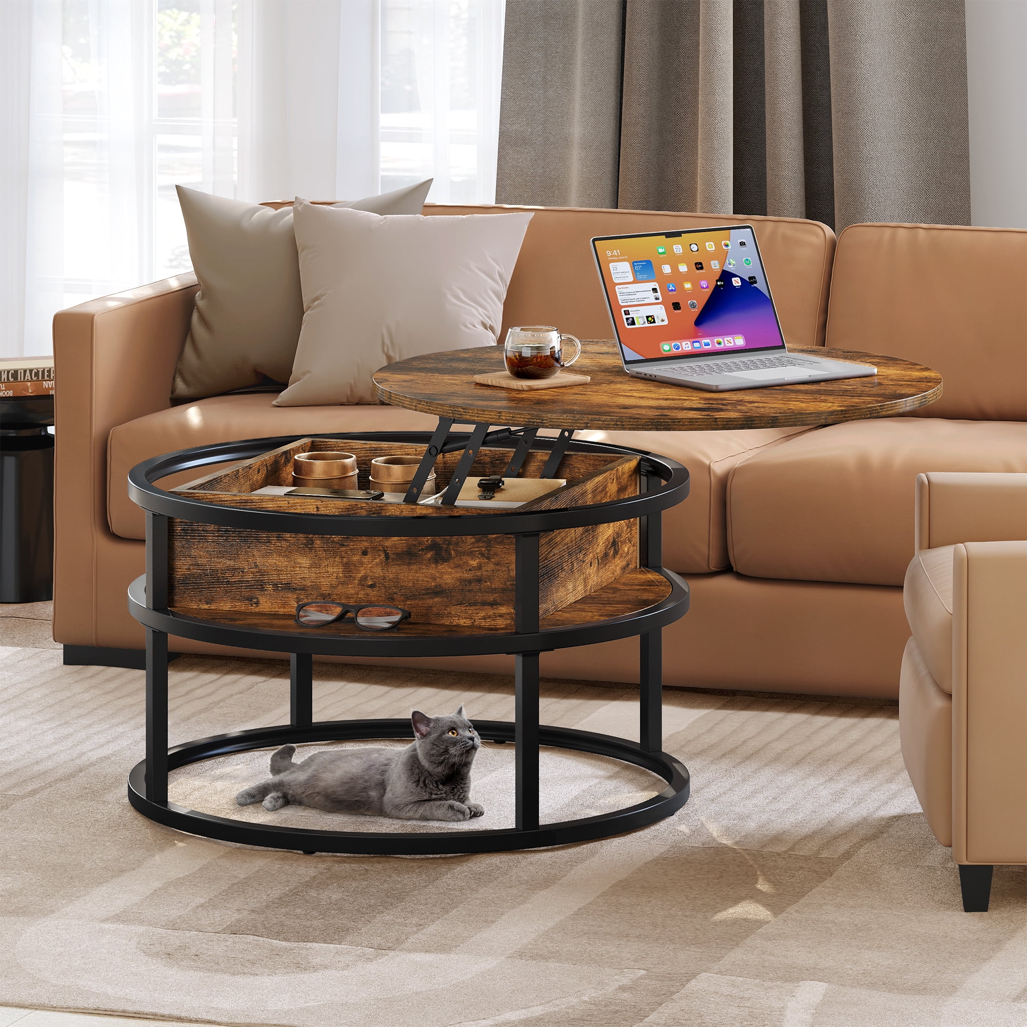 Dextrus Round Lift Top Coffee Table, Center Tables with Hidden Storage Compartment for Living Room/Home Office, Brown