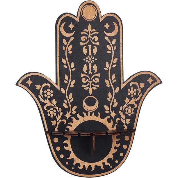 Estante de exhibición de cristal de Hamsa, soporte de madera con forma de luna y sol, estantes de cristal, decoración de pared con mano de Hamsa, estante flotante, organizador para artículos de