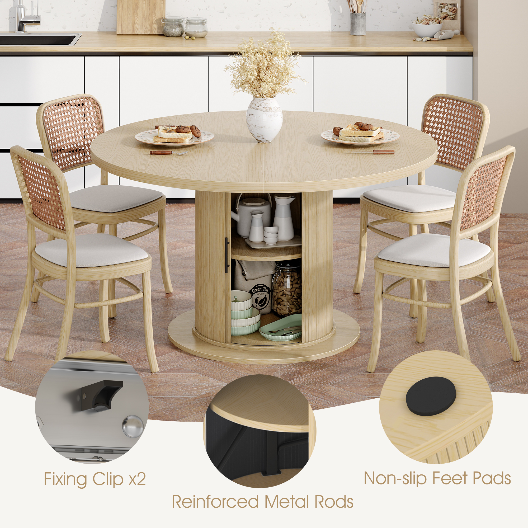 Round Dining Table for 4-8, Extendable Kitchen Dining Room Table 47"-63" With Storage, Mid Century Modern Oval Wood Dinner Table, Natural Oak