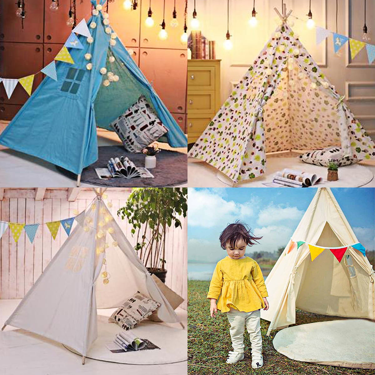 Indian Canvas Teepee Children Playhouse Kids Play Tent for Indoor Outdoor White 