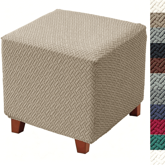 XIBUFE Ottoman Cover Square Jacquard Stretch Thick Folding Storage Covers Footstool Protector with Elastic Bottom for Living Room,Khaki