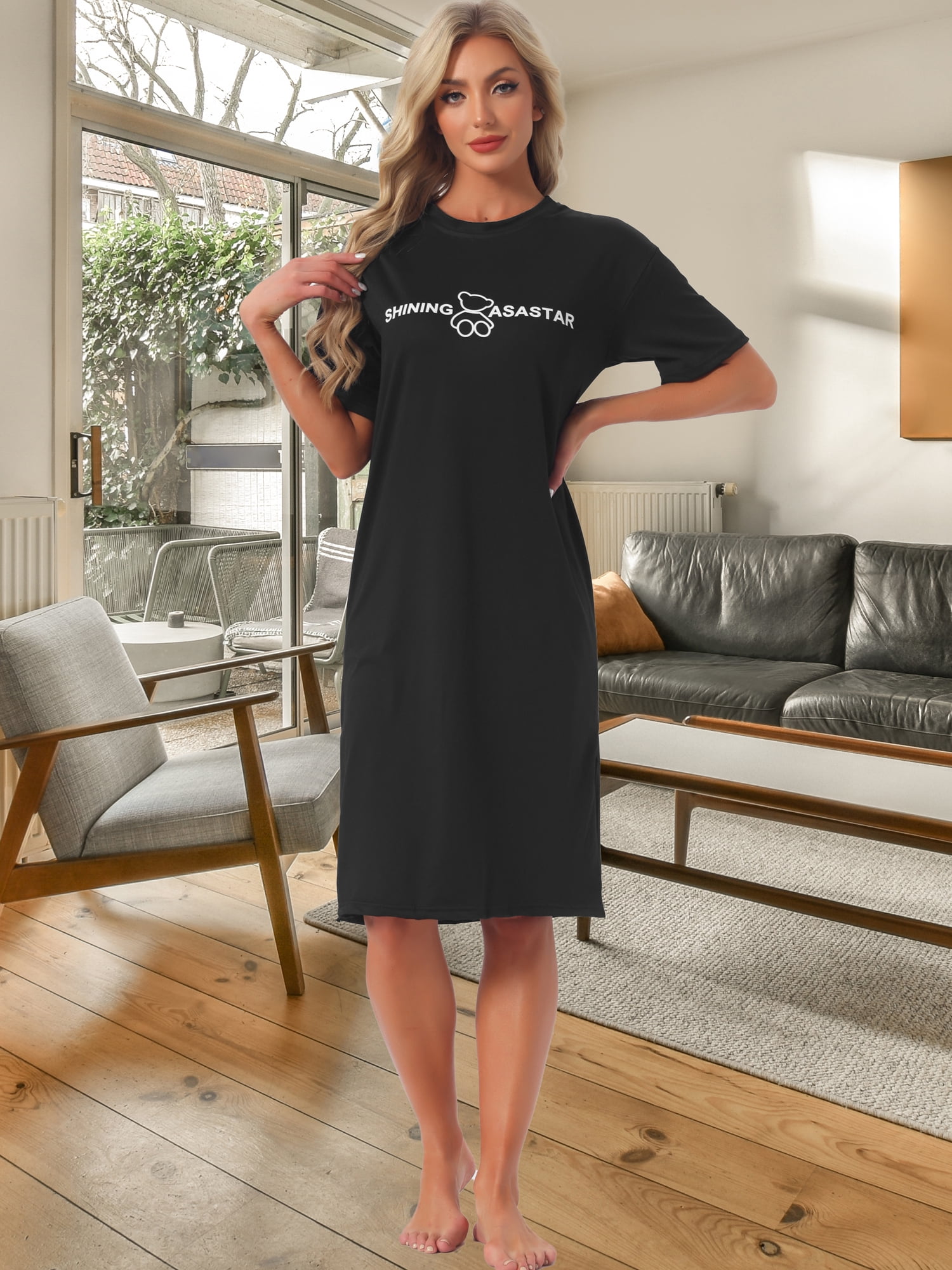 DARING DIVA Women's Rolled Cuffs Side Slit Soft Sleepwear 2XL Black