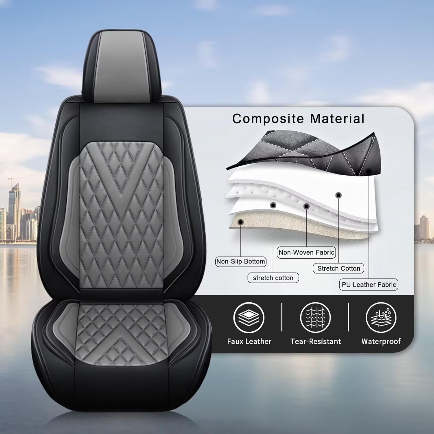 DIKSOAKR Car Seat Cover Fit for Honda HR-V/HRV 2016-2024 2025:Faux Leather Seat Protector Waterproof Anti-Slip Premuim Auto Interior Accessories(Black&Grey),Front Seat(2 Seats)