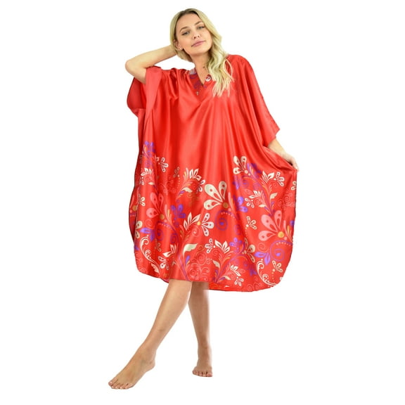 Up2date Fashion's Women's Short Caftan / Kaftan / Muumuu / Mumu, Floral Vines Print on Charming Red